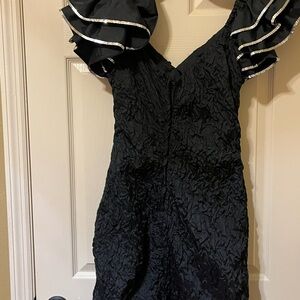 Black Ruffled Sleeve Textured Dress with Sequin Trim